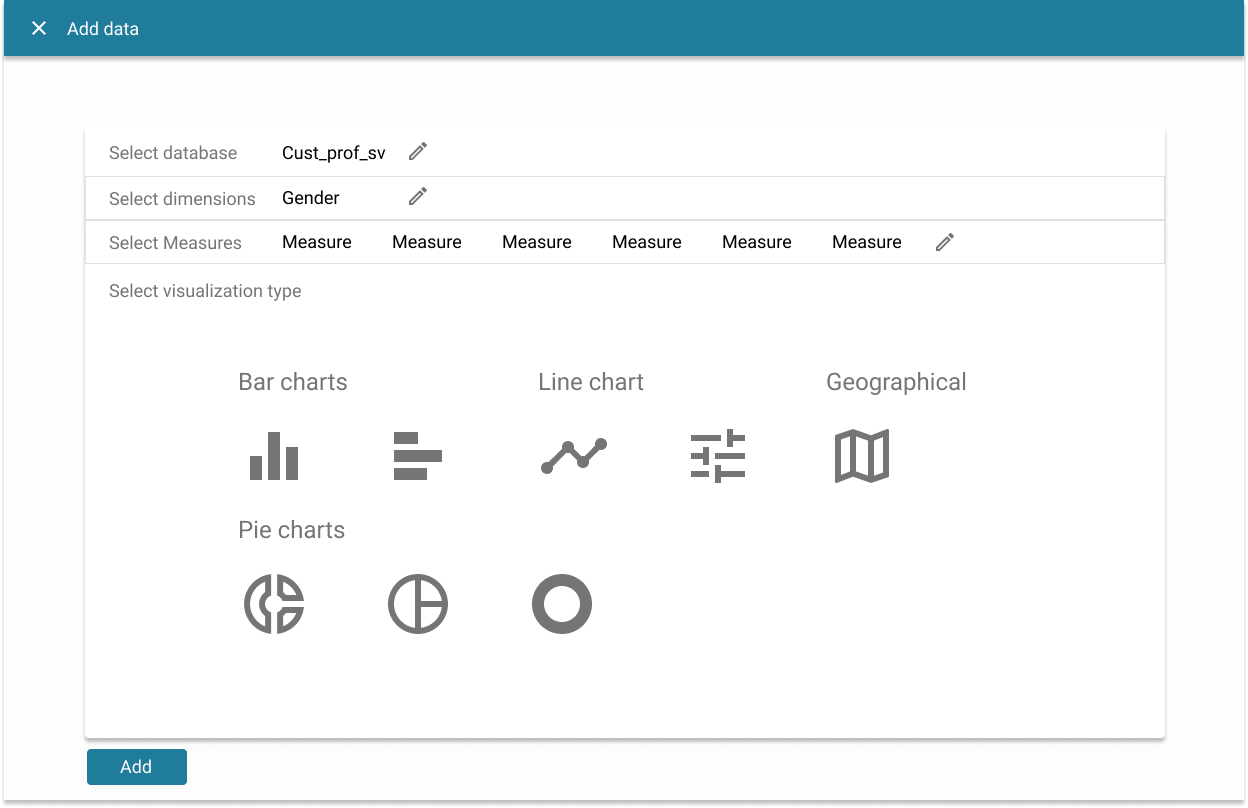 Step-by-step data selection builder — database to dimension to measure to visualization
